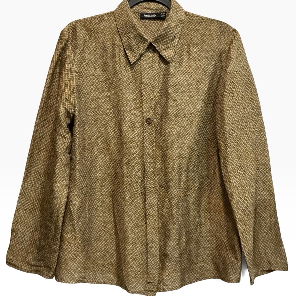 Emanuel Ungaro Vintage 90s Linen Silk Geometric Shirt Open Front Blouse 10 44
